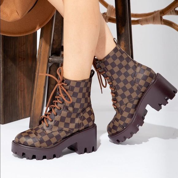 Brown Printed Checkered Combat Bootie - Picture 1 of 6